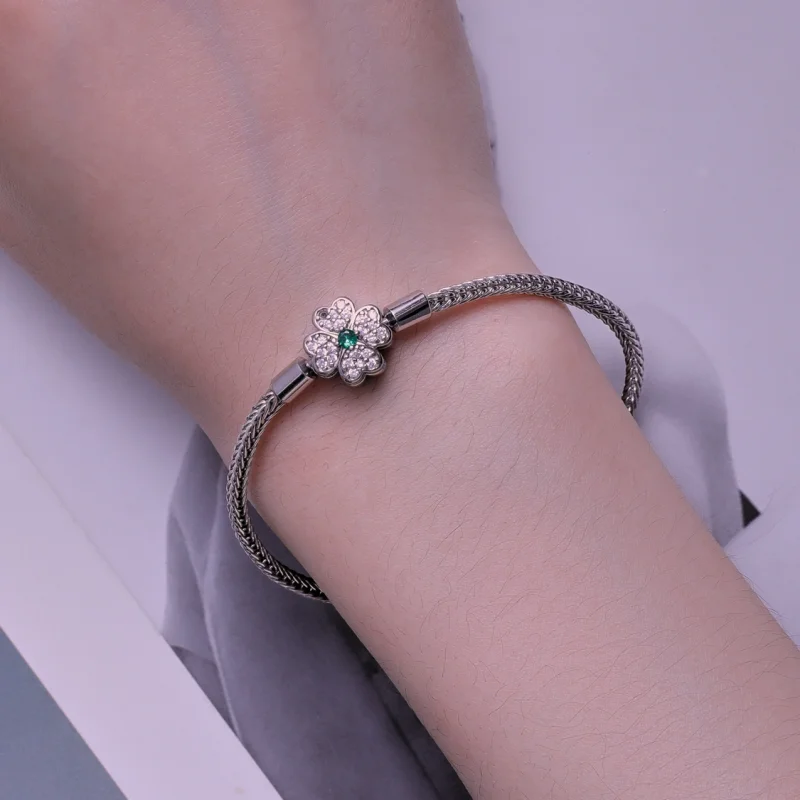 (image for) Pandora Style Green Zircon Lucky Four Leaf Clover Chain Bracelet - BSB119 - View 5