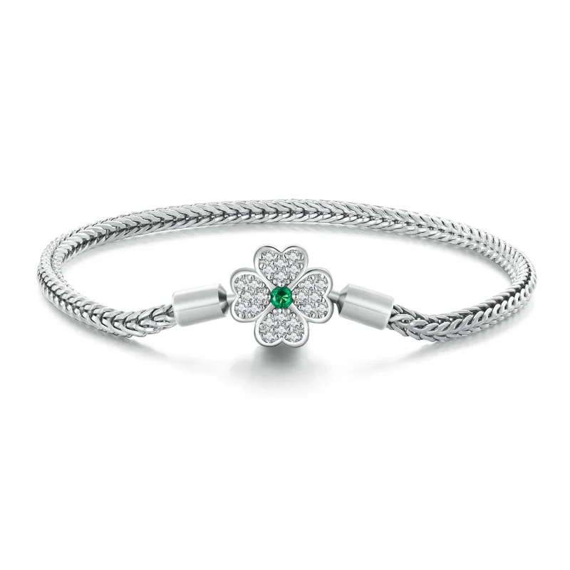 (image for) Pandora Style Green Zircon Lucky Four Leaf Clover Chain Bracelet - BSB119 - Product Image