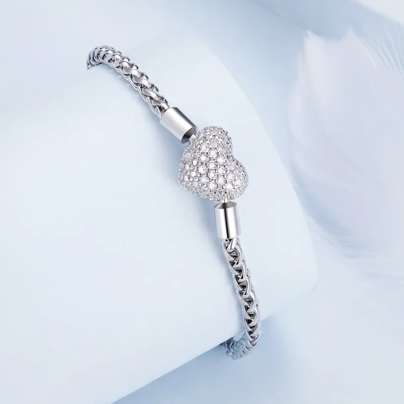 (image for) Pandora Style Heart Shape Sparkling Chain Bracelet - BSB133 - View 2