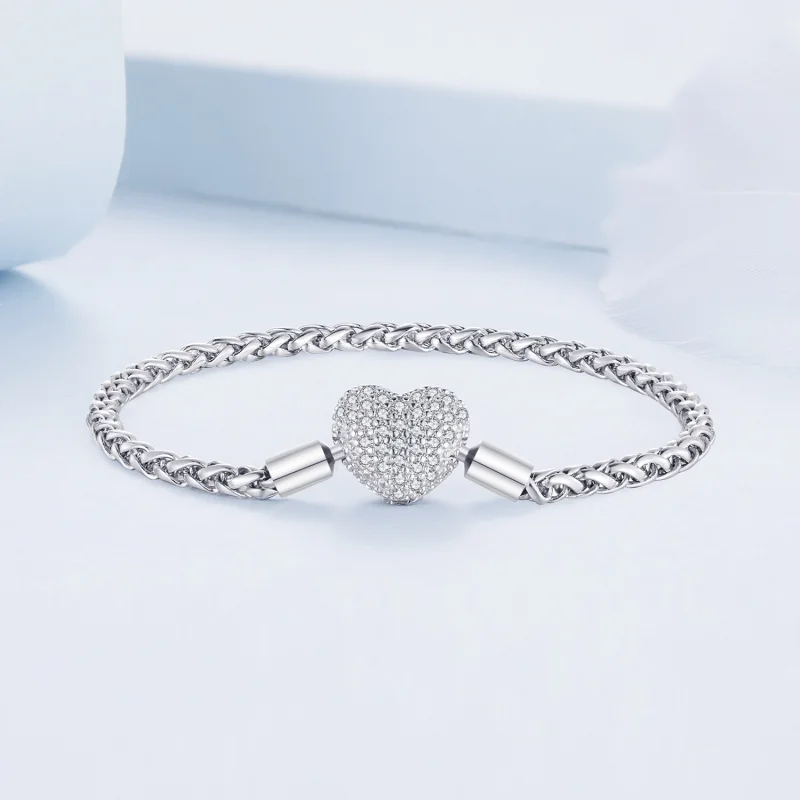 (image for) Pandora Style Heart Shape Sparkling Chain Bracelet - BSB133 - View 3