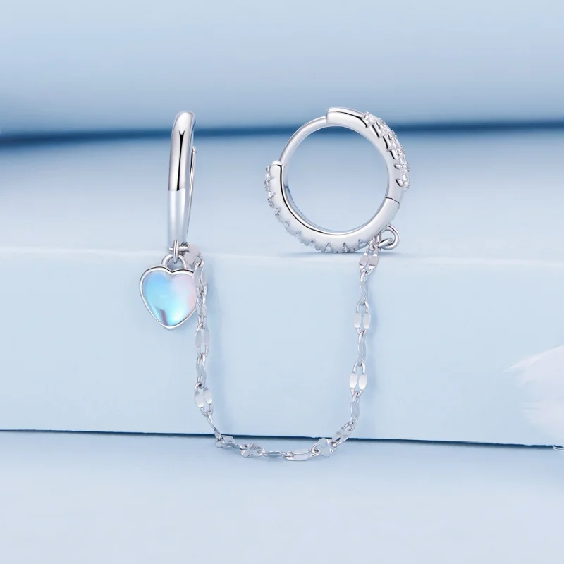(image for) Pandora Style Heart Shaped Moonstone Chain Double Hoop Earrings - BSE809 - View 2