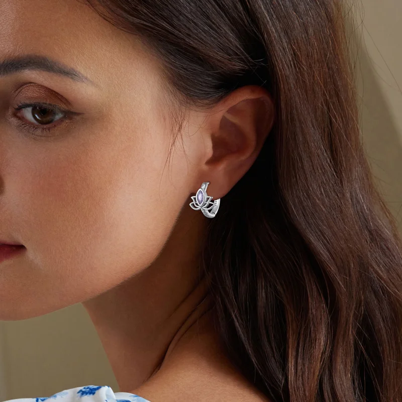 (image for) Pandora Style Lotus Hoop Earrings - SCE1648 - View 5