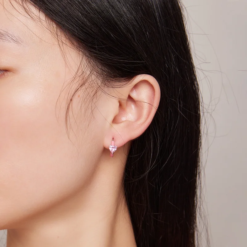 (image for) Pandora Style Pink Heart-Shaped Hoop Earrings - BSE813 - View 5