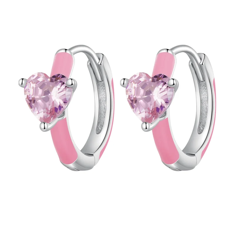 (image for) Pandora Style Pink Heart-Shaped Hoop Earrings - BSE813 - Product Image