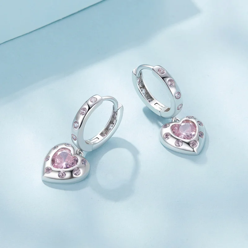 (image for) Pandora Style Pink Heart-Shaped Hoop Earrings - SCE1625 - View 3