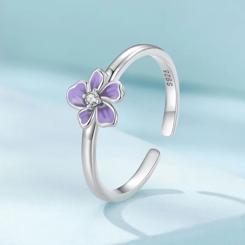 (image for) Pandora Style Purple Flower Open Ring - SCR976-E - View 2