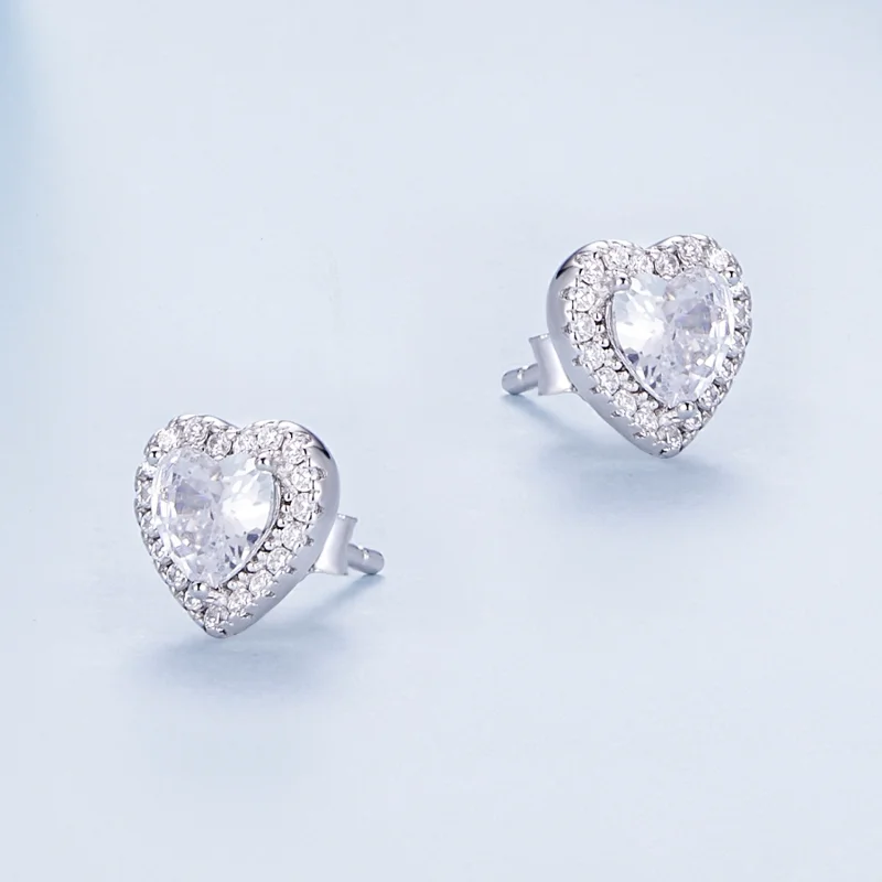 (image for) Pandora Style S925 Sterling Silver Heart Cubic Zirconia Stud Earrings with Plati - View 3