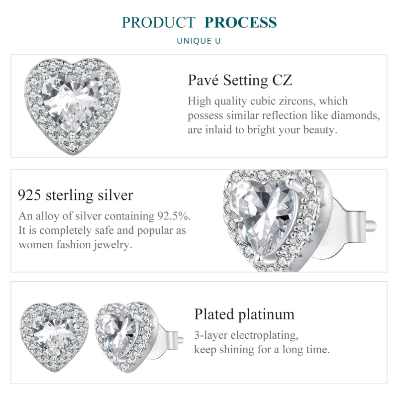 (image for) Pandora Style S925 Sterling Silver Heart Cubic Zirconia Stud Earrings with Plati - View 6