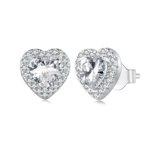 (image for) Pandora Style S925 Sterling Silver Heart Cubic Zirconia Stud Earrings with Platinum Plating - BSE894