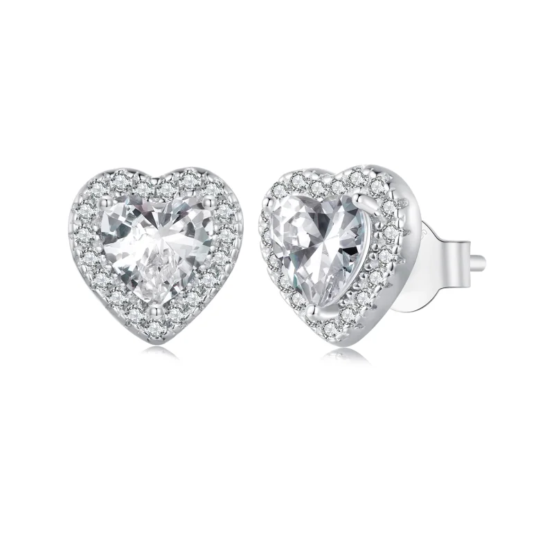 (image for) Pandora Style S925 Sterling Silver Heart Cubic Zirconia Stud Earrings with Platinum Plating - BSE894 - Product Image