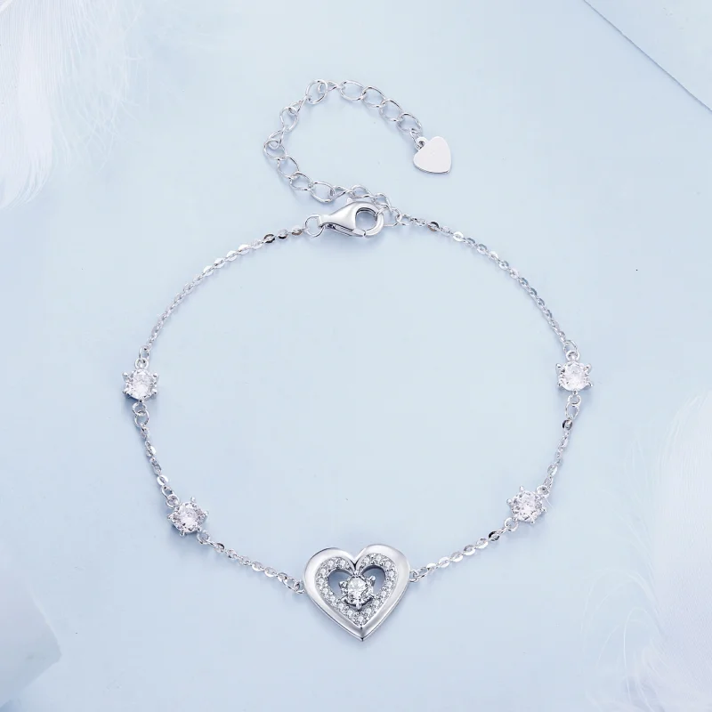 (image for) Pandora Style Shining Double Heart Chain Bracelet - BSB136 - View 2