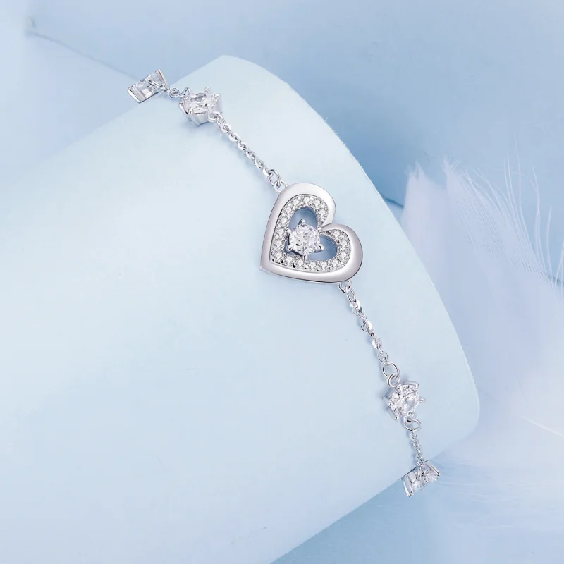 (image for) Pandora Style Shining Double Heart Chain Bracelet - BSB136 - View 3
