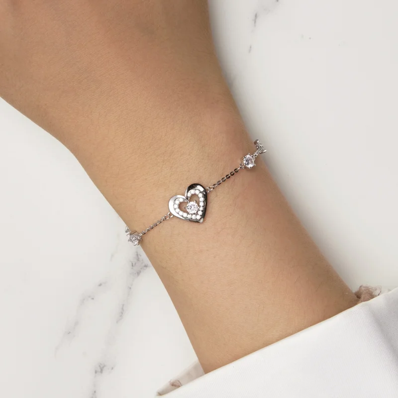 (image for) Pandora Style Shining Double Heart Chain Bracelet - BSB136 - View 5