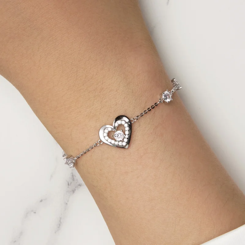 (image for) Pandora Style Shining Double Heart Chain Bracelet - BSB136 - View 7