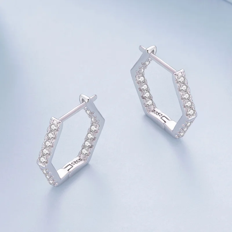 (image for) Pandora Style Six-Sided Hoop Earrings - BSE917 - View 3