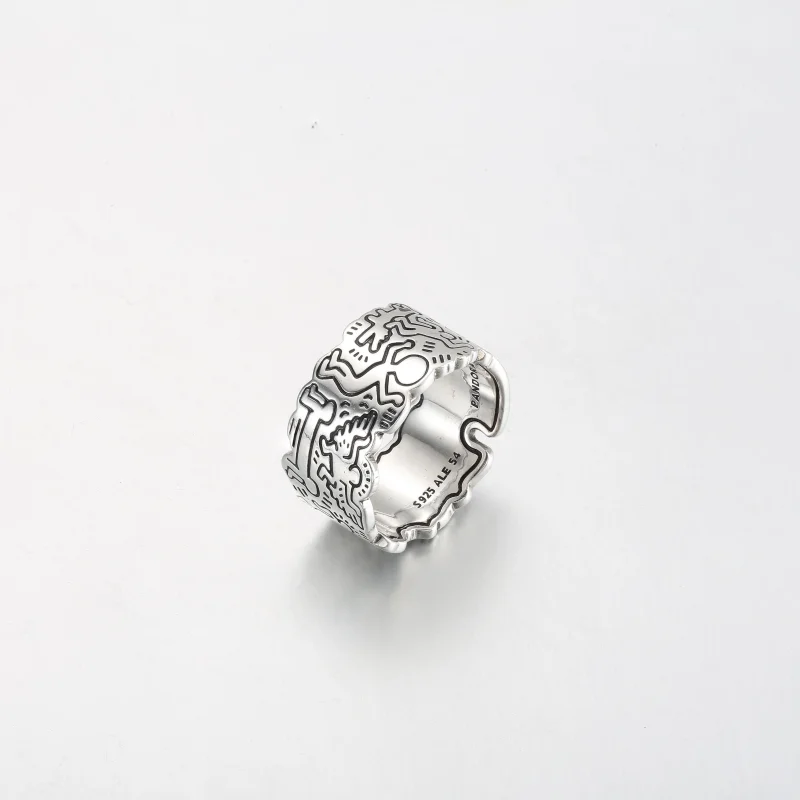 (image for) Keith Haring™ x Pandora Line Art Love & People Wide Ring - 192222C01 - View 2