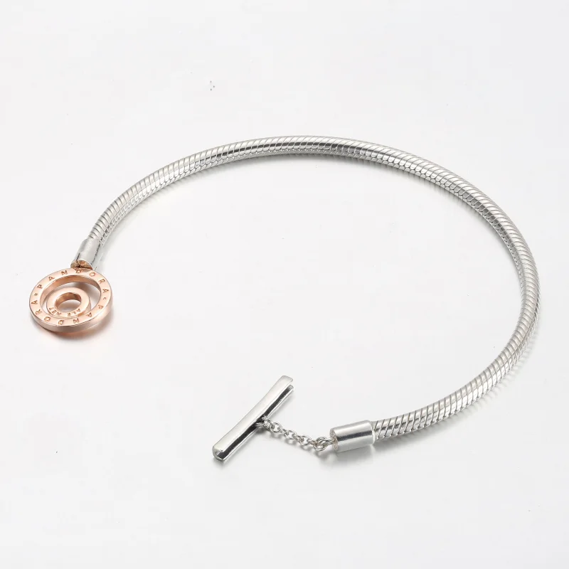 (image for) Pandora Moments Two-tone Logo T-Bar Snake Chain Bracelet - 582309C00 - View 3