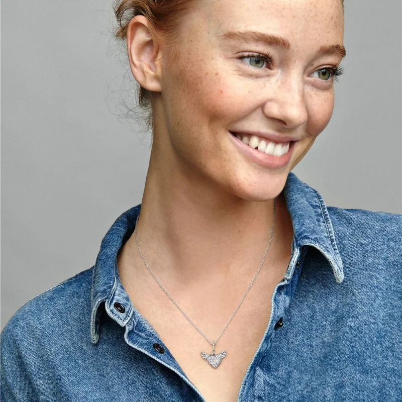 (image for) Pandora Pavé Heart and Angel Wings Necklace - 398505C01 - View 5