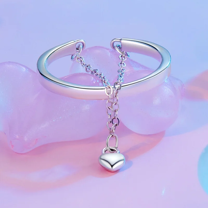 (image for) PANDORA Style Heart Shape Chain Double Layer Open Ring - SCR1004-E - View 2