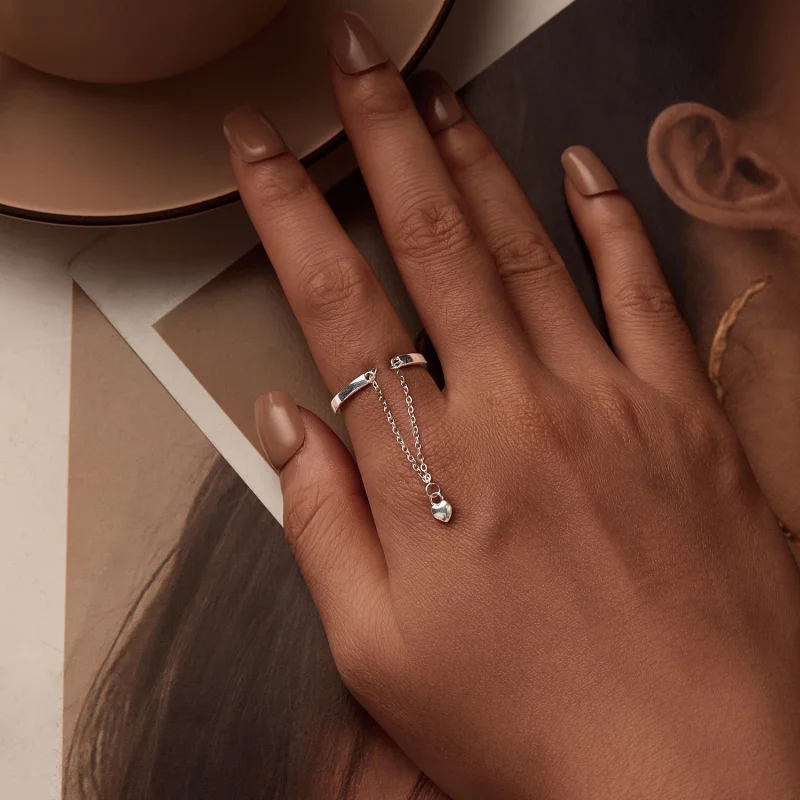 (image for) PANDORA Style Heart Shape Chain Double Layer Open Ring - SCR1004-E - View 5