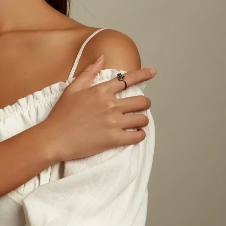 PANDORA 风格黑玫瑰开口戒指 - BSR239