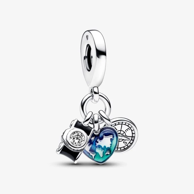 (image for) Pandora Camera, Heart & Compass Triple Dangle Charm - 792703C01 - Product Image