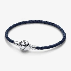 Pandora Moments Round Clasp Blue Braided Leather Bracelet - 592790C01 (image for) Pandora Moments Round Clasp Blue Braided Leather Bracelet - 592790C01