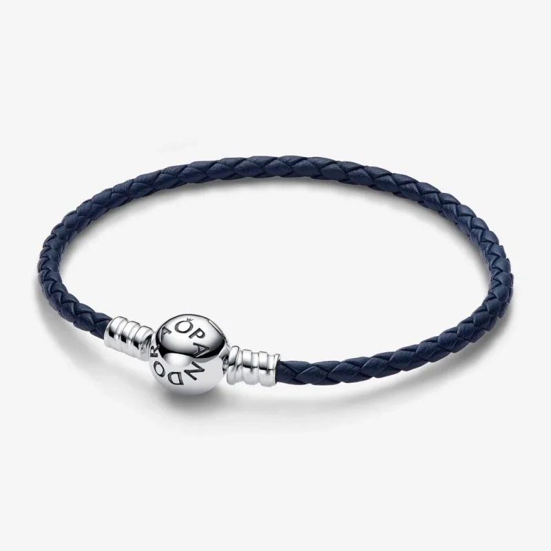 (image for) Pandora Moments Round Clasp Blue Braided Leather Bracelet - 592790C01 - Product Image