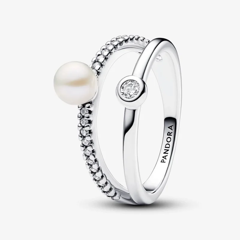 (image for) Pandora Treated Freshwater Cultured Pearl & Pavé Double Band Ring - 193147C01 - Product Image