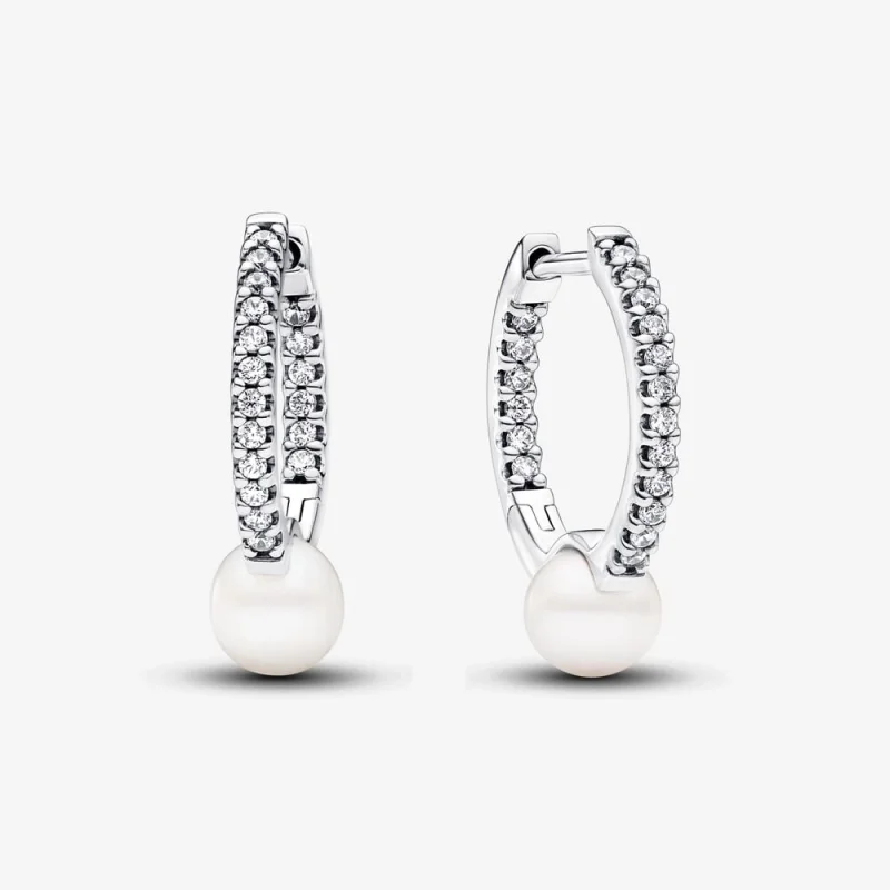 (image for) Pandora Treated Freshwater Cultured Pearl & Pavé Hoop Earrings - 293171C01 - Product Image