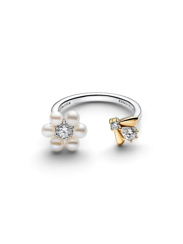 (image for) Pandora Bridgerton Bee & Treated Freshwater Cultured Pearl Flower Open Ring - 16 - View 4