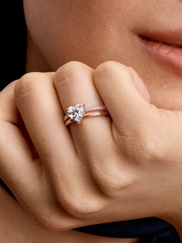 (image for) PANDORA Double Heart Ring Gold 183100C01 | 14k Rose Gold - View 2