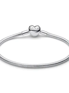 (image for) Pandora Sterling Silver Lab-grown Diamond Heart Clasp Snake Chain Bracelet - 593646C01