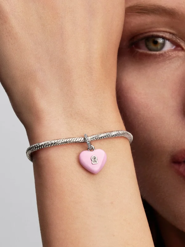 (image for) Pandora Pink Ceramic Heart Padlock Dangle Charm - 794424C01 - View 2