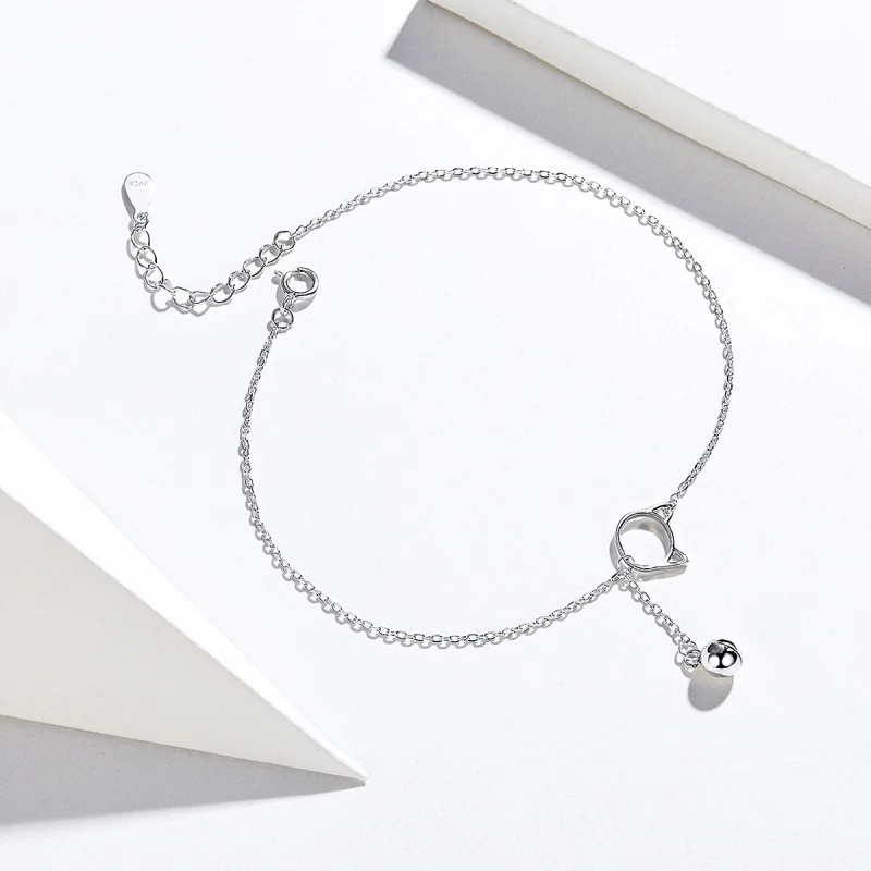 (image for) Pandora Style Silver Cute Kitten & Bell Anklet - SCT003 - View 2