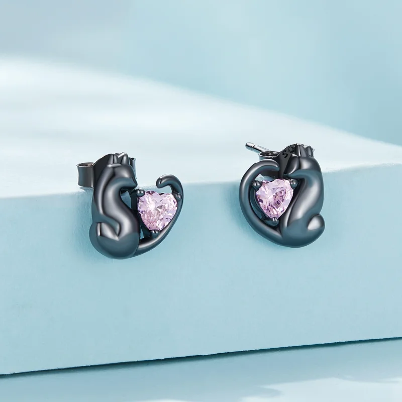 (image for) Pandora Style Black Cat Stud Earrings - SCE1591-D - View 2