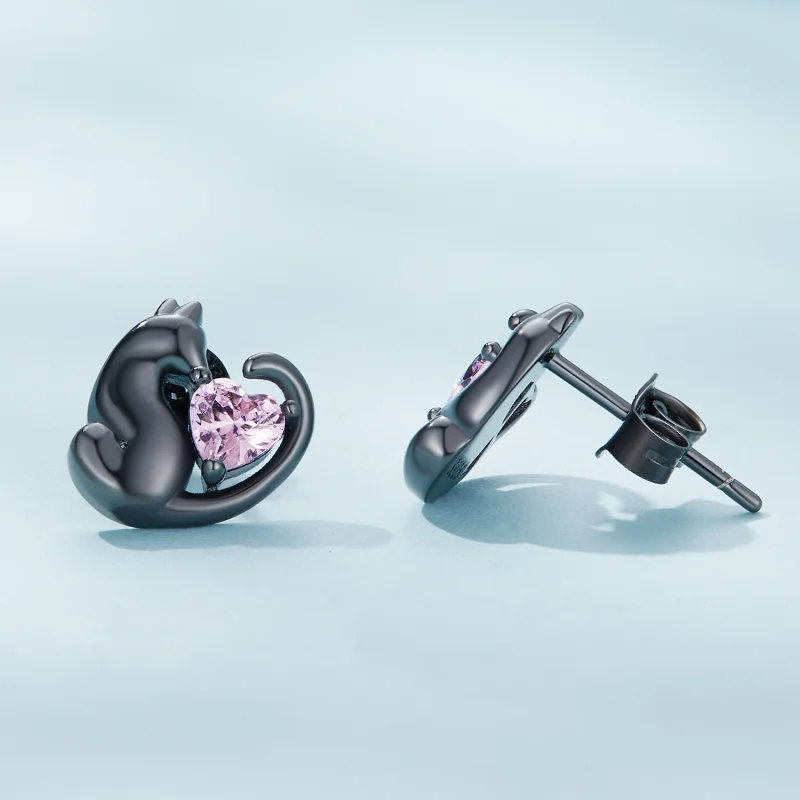 (image for) Pandora Style Black Cat Stud Earrings - SCE1591-D - View 3