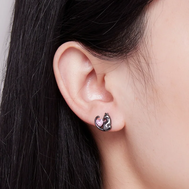 (image for) Pandora Style Black Cat Stud Earrings - SCE1591-D - View 6