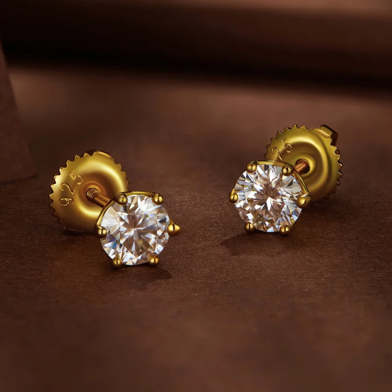 (image for) Pandora Style Gold Plated 0.5 Carat Six-Claw Moissanite Stud Earrings - MSE004-B - View 3