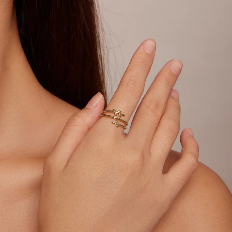 (image for) Pandora Style Gold Plated Circles of Leaves Open Ring - SCR755-B - View 4