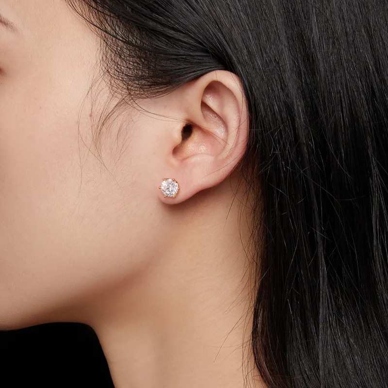 (image for) Pandora Style Gold Plated One Carat Six-Claw Moissanite Stud Earrings - MSE004-B - View 5