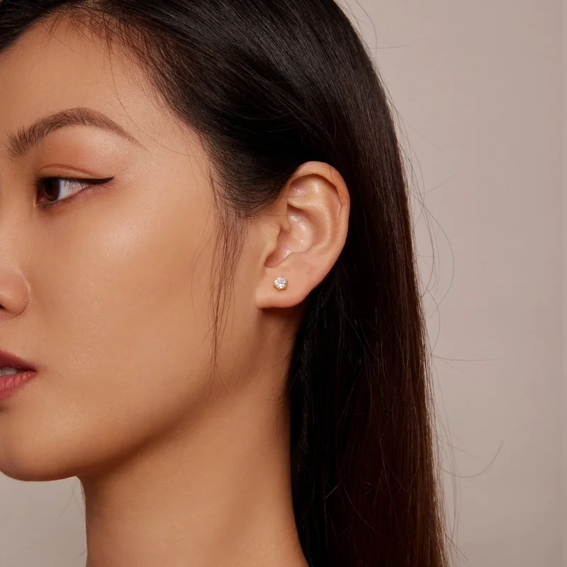 (image for) Pandora Style Gold Plated Shiny Zircon Stud Earrings - BSE615-5B - View 2