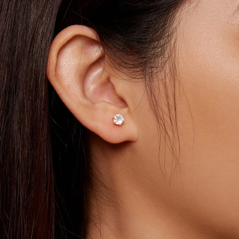 (image for) Pandora Style Gold Plated Shiny Zircon Stud Earrings - BSE615-5B - View 4