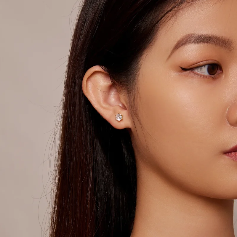 (image for) Pandora Style Gold Plated Shiny Zircon Stud Earrings - BSE615-6B - View 4