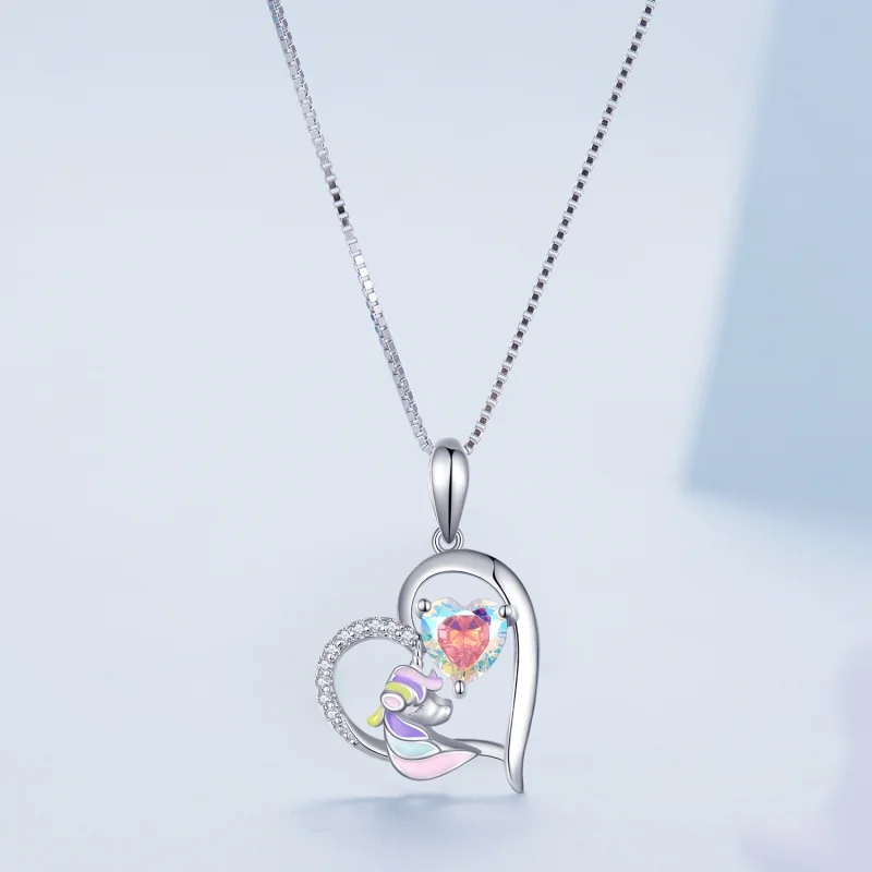(image for) Pandora Style Necklace with Delicate Unicorn Heart - BSN328 - View 3