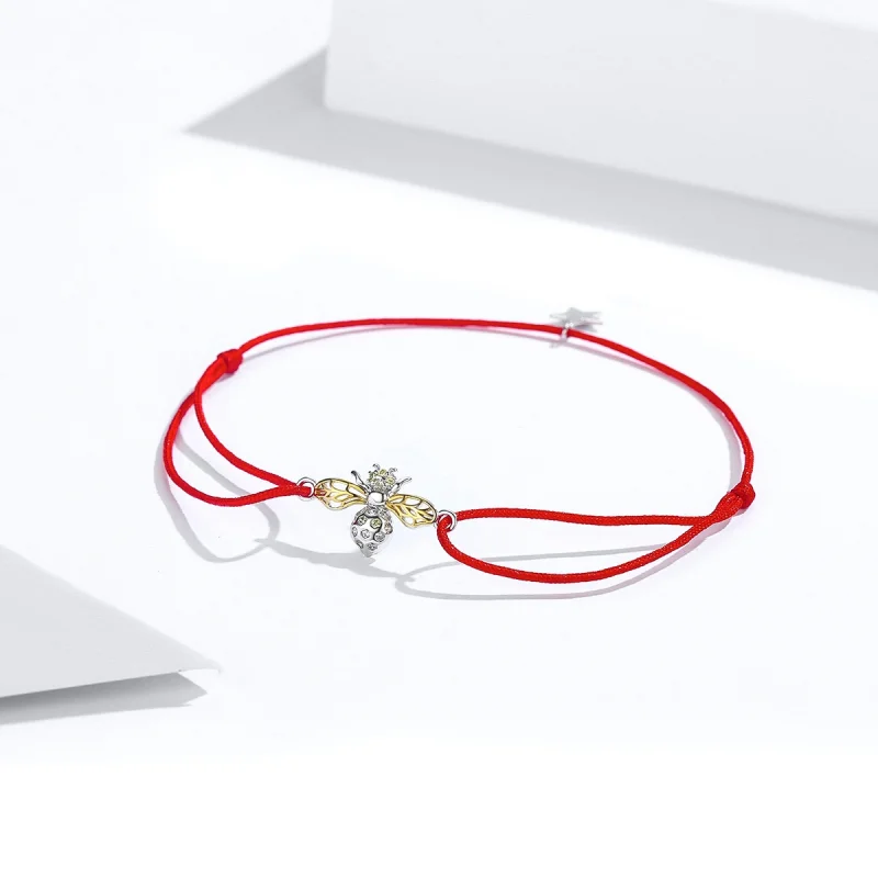 (image for) Pandora Style Red Rope with Silver & Gold-Plated Bee Bracelet - SCB156 - View 3