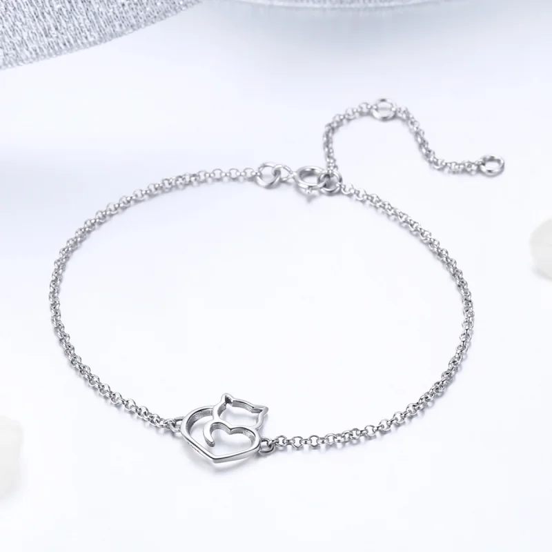 (image for) Pandora Style Silver Adorable Cat Chain Slider Bracelet - SCB102 - View 3