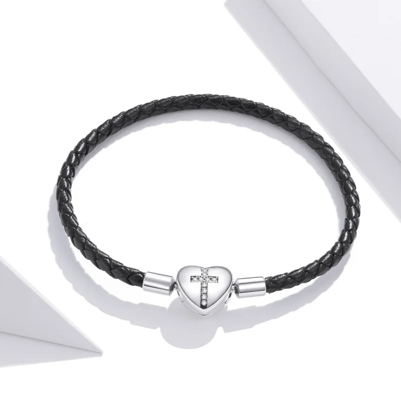 (image for) Pandora Style Silver Christening Cross Leather bracelet - SCB205 - View 2