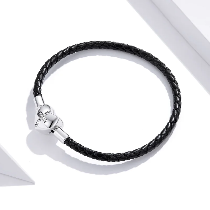 (image for) Pandora Style Silver Christening Cross Leather bracelet - SCB205 - View 3