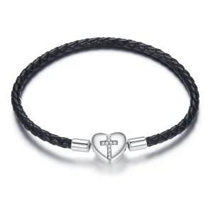 (image for) Pandora Style Silver Christening Cross Leather bracelet - SCB205